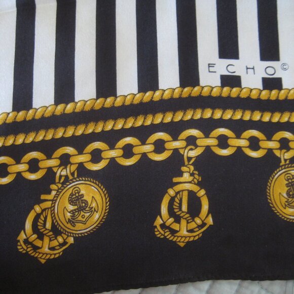 ESTATE BLACK AND WHITE STRIPE NAUTICAL ECHO 100% SILK OBLONG SCARF - Picture 2 of 2